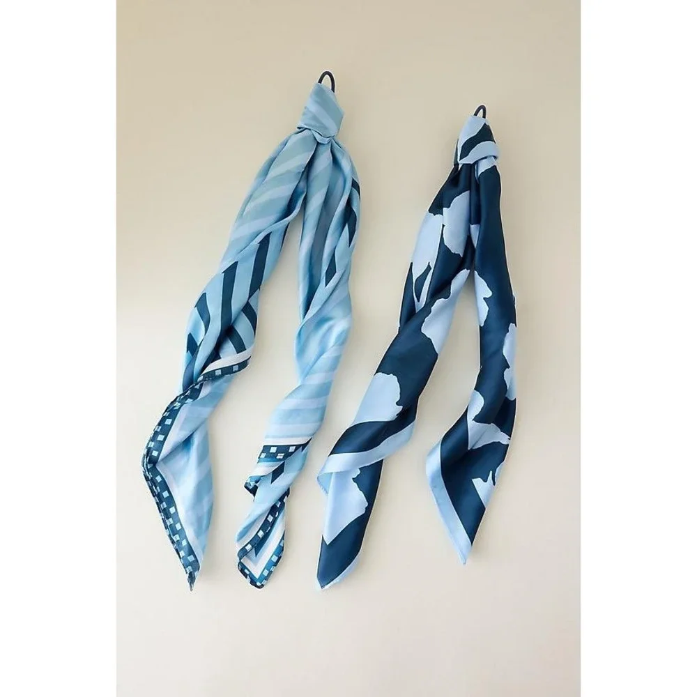 Anthropologie Blue Scarf Set 2 Geometric Floral‎ Striped Neck hair Scarves NWOT